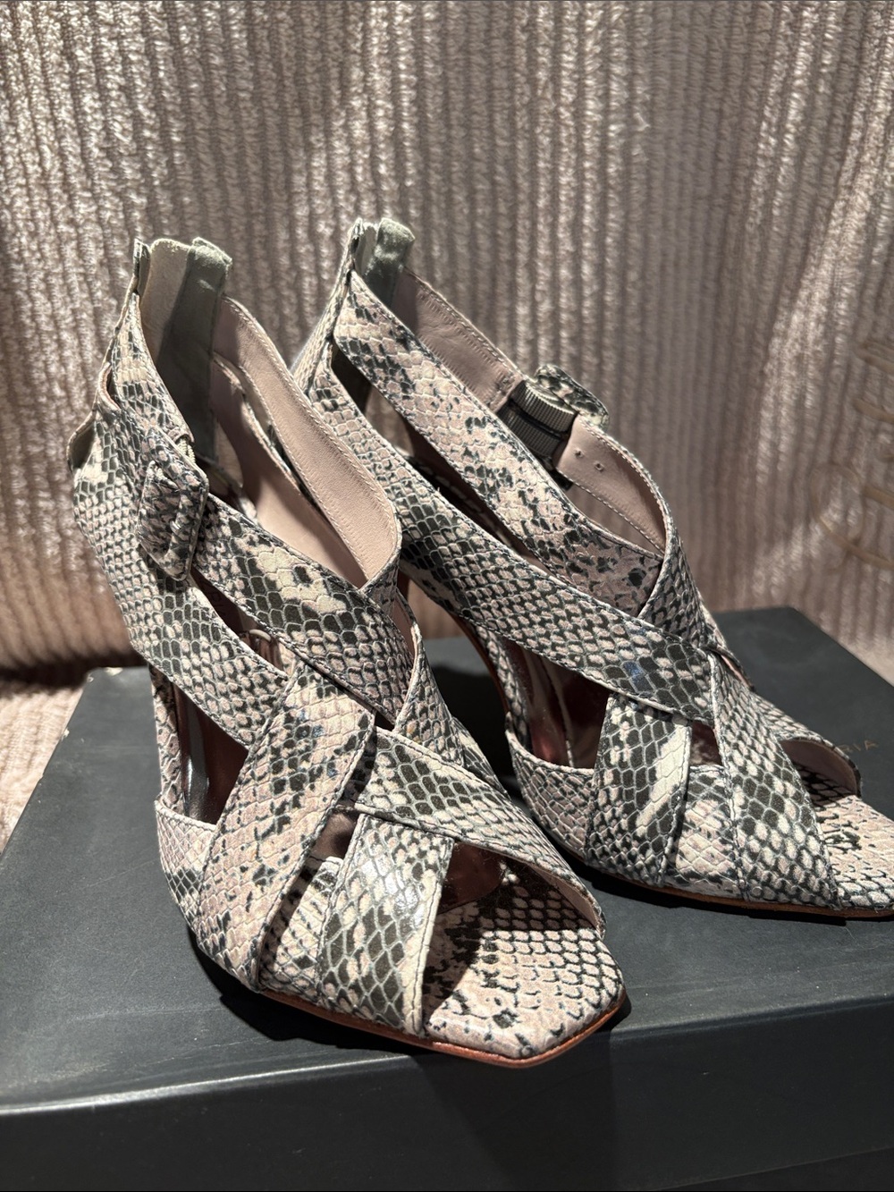 BCBGMaxAzria Snake-Print Cutout Heels - Neutral Snake